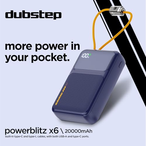 Image of Dubstep Powerblitz X6 20000mAh 22.5W Super Fast Charging, USB Type-C Input Power Bank with Fast Charging & 22.5W Power Delivery, Built-in Charging Cables, 4 Outputs, Type-C Input /Output Port (Blue)