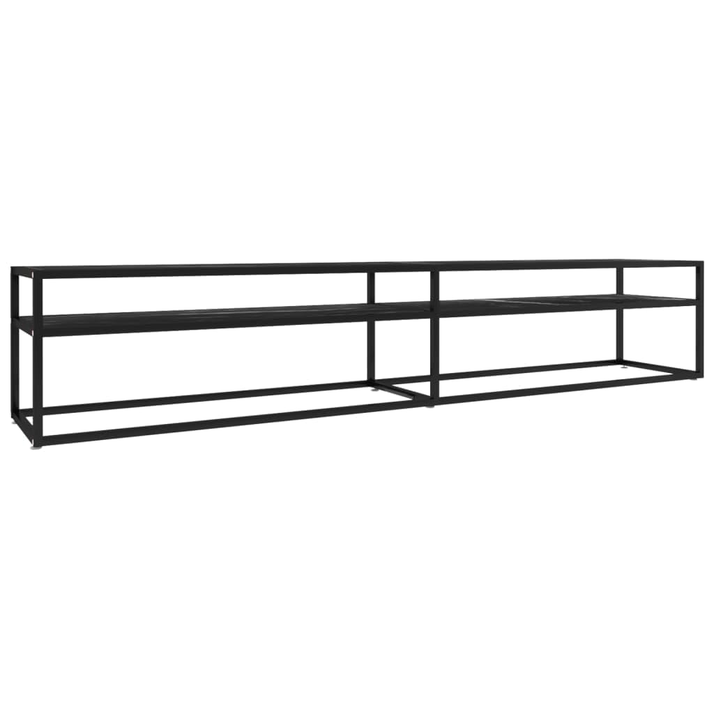 Meuble TV noir aspect marbre 220 cm en verre trempé meuble bas moderne de salon en acier
