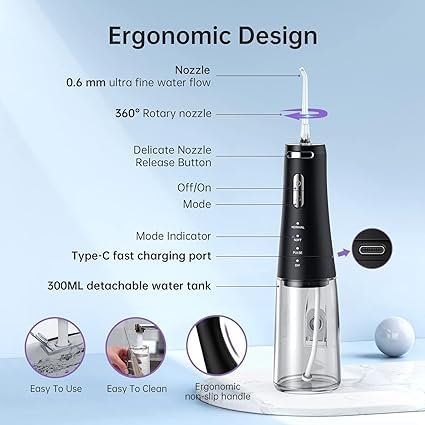 Cordless Water Dental Flosser Teeth Cleaner, 300ML Portable and USB Rechargeable Dental Oral Irrigator, Power Dental Flossers with 4-Modes 4 Jet Tips, IPX7 Waterproof Irrigate for Oral Care