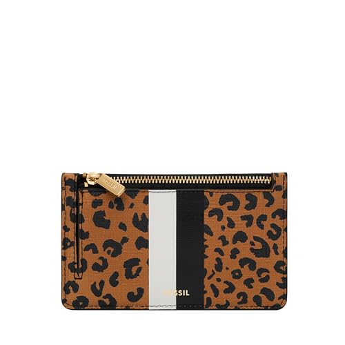 Fossil Women's Logan Faux Leather Wallet Slim Minimalist Zip Card Case with Keychain, Cheetah (Model: SL6356989)