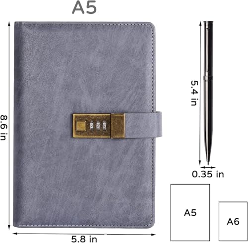 Image of Diary with Lock, A5 PU Leather Journal with lock, 240 Pages, Vintage Lock Journal with Pen & Gift Box, Lockable Diary for Women and Men, 8.6 x 5.8 Inches (Gray)