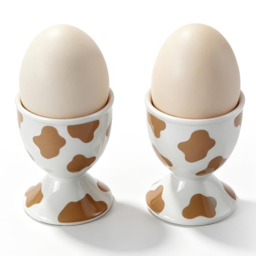 Image of Cinf Ceramic Egg Cups, Set of 2, Mocha Cow Boiled Egg Holders for Breakfast