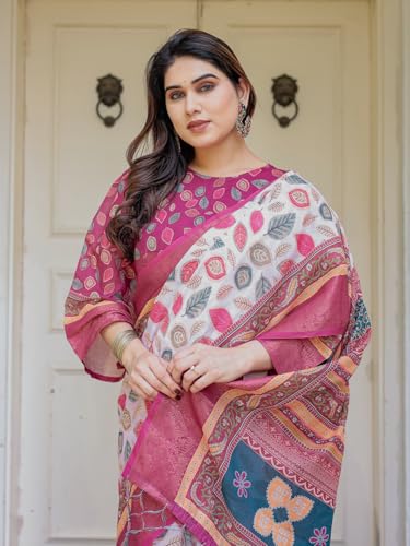 Image of ALMAARI FASHION Floral Printed Cotton Saree for Women with Handloom Zari Weave, Traditional Lightweight Ethnic Saree for Wedding Festive Office Party with Blouse Piece (LINEN 81-90 SH)