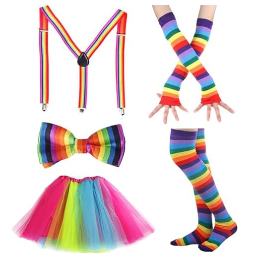 Women's Rainbow Tutu Bowtie Stockings Gloves Set,1980s Fancy Dress Adult Party