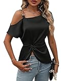 Verdusa Women's Satin Short Sleeve Twist Front Cold Shoulder Asymmetrical Neck Blouse Top Black M