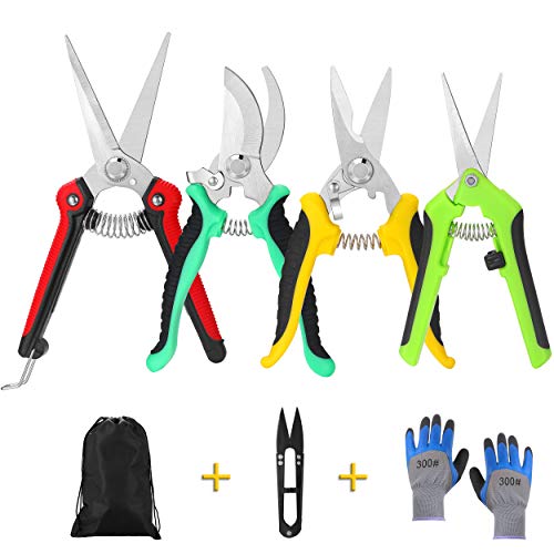 Topbooc 5 Pack Garden Pruning Shears Stainless Steel Blades, Handheld Scissors Set with Gardening Gloves,Heavy Duty Garden Bypass Pruning Shears,Tree Trimmers Secateurs, Hand Pruner