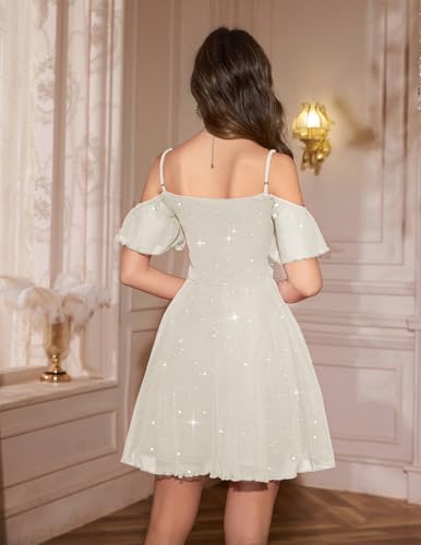 Image of Meetjen Women's Short Cocktail Dresses for Teens Formal Homecoming Sparkly Off Shoulder Tulle Sequin Prom Party Dress