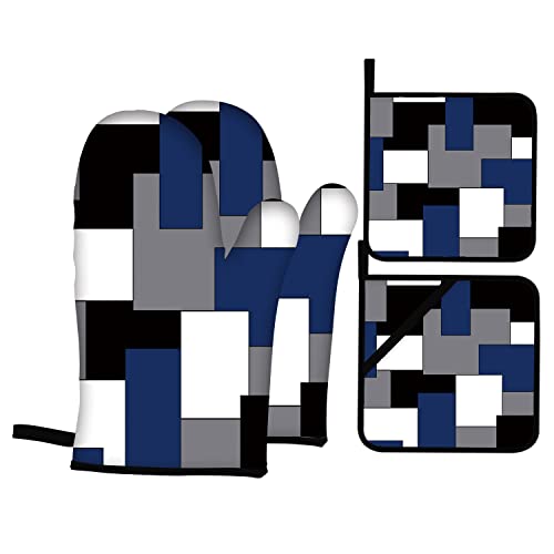 Blue Black Grey Oven Mitts and Pot Holders Sets of 4 Geometric Oven Mitts Oven Gloves Pot Holders and Oven Mitts for Kitchen Baking Cooking Grilling (Blue)