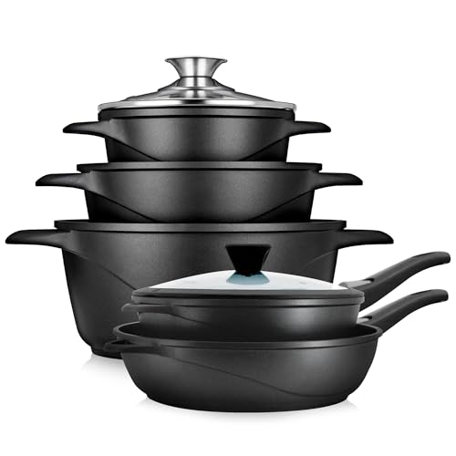briebe Induction Cookware Set of 10 Pieces, 3 Cast Aluminium Pots + 2 Frying Pans, Non-Stick ILAG Granitec PFOA-Free, Set of Pots and Lids Glass, Silicone Gloves, Ceramic Hob, Gas, Oven