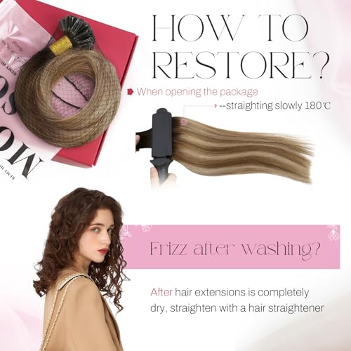 Image of Moresoo U Tip Hair Extensions Brown Bleach Blonde Balayage, 14 Inch | 50g 50 strands, remy human hair, lightweight keratin tips, adds buildable fullness for fine hair, daily wear, natural styling