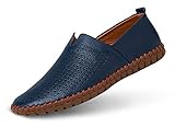 Men's Genuine Leather Loafer Shoes Slip On Soft Hollow Driving Shoes,Blue,47EU=12 M US