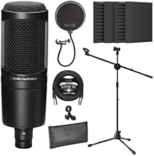 Audio-Technica AT2020 Cardioid Condenser Microphone for Home Studio Recording Bundle with Blucoil 20' XLR Cable, Pop Filter, Adjustable Mic Stand, and 4-Pack of 12 Acoustic Wedges