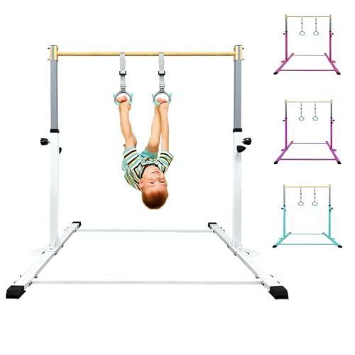 HomeSun Gymnastikstange für Kinder Robuste Kip Bar mit Ringen horizontale Turnreck für Heimtraining Höhenverstellbar 90-150cm Trainingsgerät bis 100 kg Alter 3-15 (Reck, SchneeWeiß)