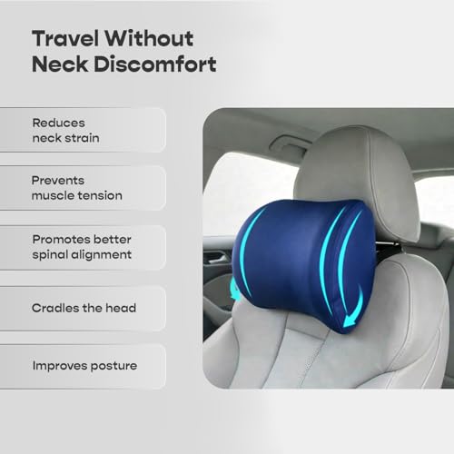 Image of SleepyCat Car Neck Rest Pillow | Adaptive Memory Foam Cushion | Neck Support for Cervical Pain Relief | Ergonomic Design | Fits Any Car Seat | Adjustable Straps | Machine Washable Cover | Blue