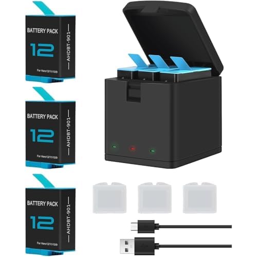 3 Packs Batteries 1800mAh Replacement for Go Pro Hero 12 Battery with 3 Channel Battery Charging Station Compatible with Go Pro Hero 9 10 11 12 Black