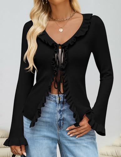 ZESICA Womens 2025 Fall Tie Front Bow Cardigan Sweaters Long Bell Sleeve V Neck Ruffled Knit Cropped Trendy Tops2