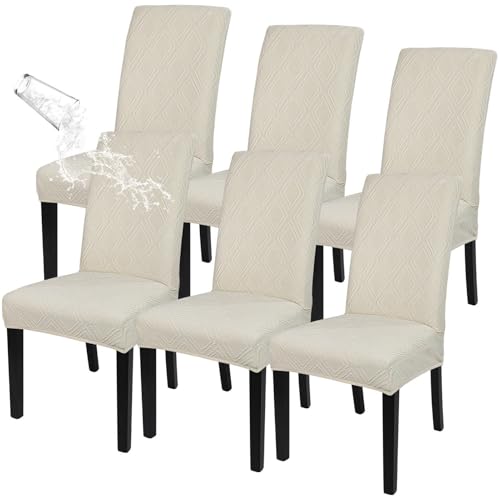 Image of SearchI Water Repellent Dining Room Chair Covers, Set of 6, Jacquard Beige