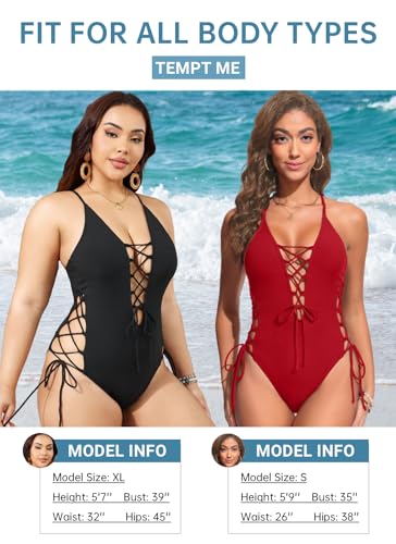 Image of Tempt Me Women Sexy Lace Up One Piece Swimsuit Deep Plunge V Neck High Cut Bathing Suits