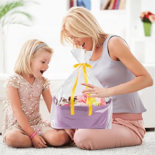 Image of OIAHOMY Woven Basket, Gift Basket Empty with Gift Bags and Ribbons, Rope Baskets for Baby Showers, Storage Baskets with Handles for Nursery, Pet Toy Organizer - Lilac Purple
