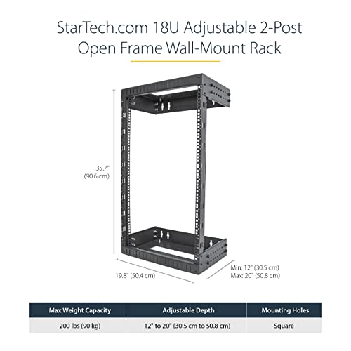 Image of StarTech 18U 2-Post Wall Mount Open Frame Rack, 19in (RACK-18U-20-WALL-OA) | Adjustable depth 12-20in, 2.0mm SPCC cold-rolled steel, M6 cage nuts and screws, Heavy-duty 90kg capacity