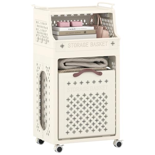 GOPLUS Carrito para Ropa Sucia con Ruedas, Cesta de Ropa con 3/4 Estantes y Cubo Extraíble, Compartimento Abierto y 6 Ganchos, Contenedor Plegable Plástico para Baño Lavandería (21L+30L)