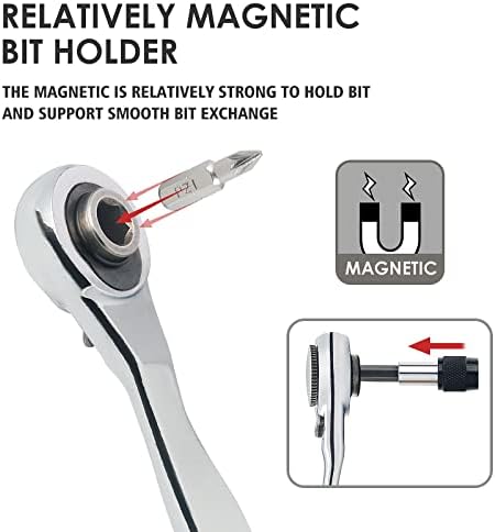 STREBITO Right Angle Screwdriver 32-Piece 1/4 Inch Mini Ratchet Set Low Profile Offset Bit Set with 72-Tooth Ratcheting Wrench Stubby Ratchet 90 Degree Screwdriver for Small Spaces