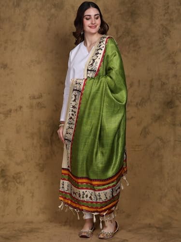 Women's Art Silk Dupatta with Warli Art Print Border | Ethnic Beautiful Printed Elegant Design Stole, Chunni3