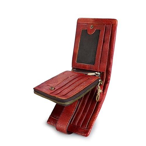 Women's Wallet RFID Blocking Leather Wallets for Women Vintage Bifold Wallets with Detachable Coin Pocket Large Capacity Purse(Red)