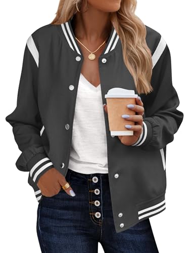 Zeagoo Varsity Jackets Women's Casual Striped Spring Bomber Jacket School Baseball Letterman Lightweight Short Outerwear Dark Grey