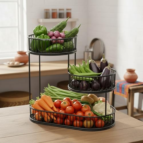 Image of 3 Tier Fruit Basket Bowl for Kitchen | Countertop Metal Wire Kitchen Storage Basket for Fruits, Vegetables and Snacks - Black