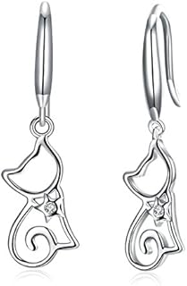 Belons Womens Earrings 925 Sterling Silver Cubic Zirconia Cat Drop Earrings Kitten Dangles for Ladies Girls, Silver/Champaign Gold