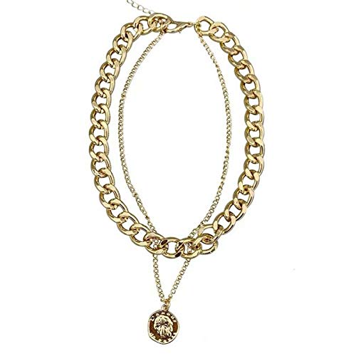 ARZONAI Gold & Stainless Steel Punk Vintage Layered Portrait Coin Pendant Chunky Thick Cuban Link Chains Choker Necklaces for Women & Girls (Gold)