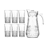 Elegant Crystle Pitcher Drinkware Set w 6 Highball Tumblers, Beautiful Jug with Lid, Handle & Spout for Chilled Beverage Homemade Juice, Iced Tea or Water (7 pc set)