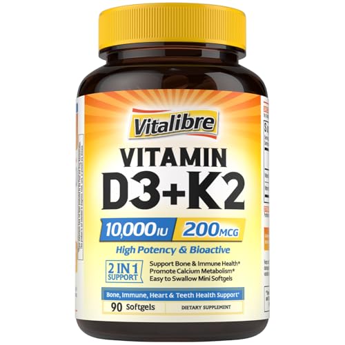 Vitalibre Vitamin D3 K2 Supplement, 10000 IU D3 / 200 mcg K2 MK7, Calcium Absorption, Bone, Heart, Immune & Mood Support, Enhanced Absorption, No Soy, Easy to Swallow, 90 Softgels