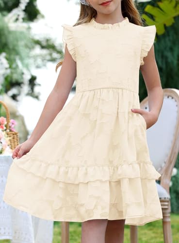 MITILLY Girls Summer Ruffle Dress Elegant Flutter Sleeve A Line Flowy Formal Party Mini Dresses with Pockets 6-13 Years3