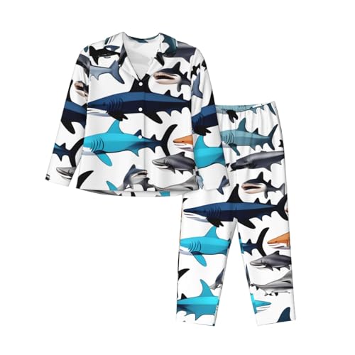Pyjama 2 pièces à manches longues femme vêtement de nuit imprimé requins