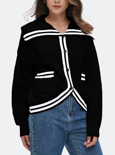 Image of Ladyful Stripped Cardigan for Women Lapel Button Down Open Front Sweater Long Sleeve Knit Outerwear