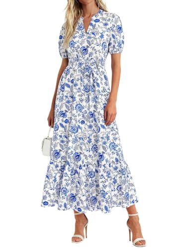 Image of PRETTYGARDEN Women's Summer Boho Floral Maxi Dresses | Bohemian Flower, Short Sleeve V Neck, Fit and Flare, A Line, Flowy Tiered, Belt Pocket, Wedding Guest, Beach Vacation Outfits