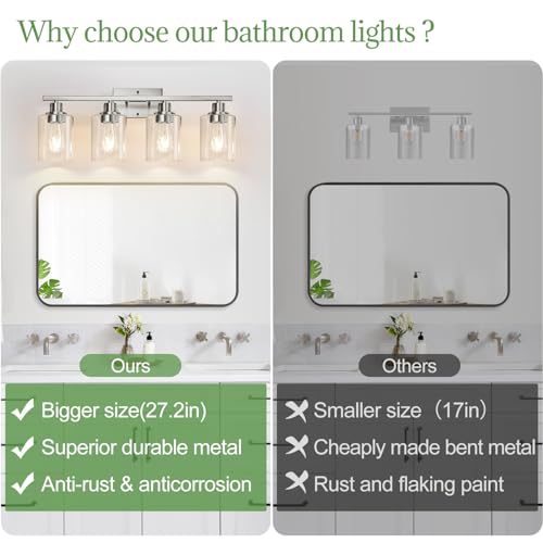 Image of MOKATNG 4-Light Bathroom Light Fixtures, Vanity Light with Clear Glass Shades, Brushed Nickel Bathroom Light Fixtures Over Mirror, Modern Bathroom Wall Lamp for Mirror Living Room Cabinet Bedroom