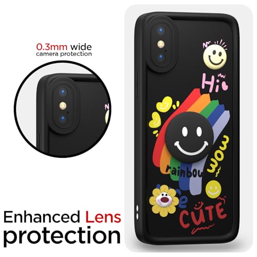 Image of Pikkme Back Cover for iPhone X /Xs | Soft Silicone| Cute Rainbow Smile & 3D Cartoon Flower Design | Shockproof Raised Camera Protection Bumper Case (Black)