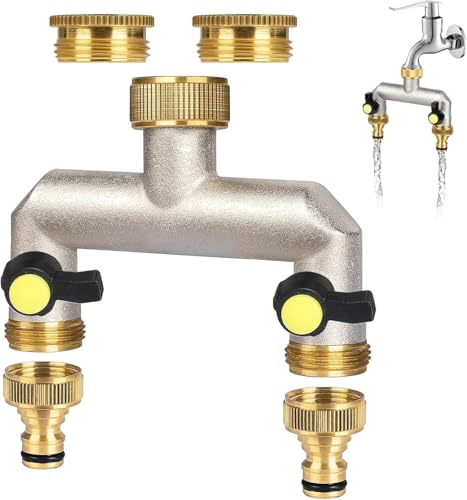 ilauke 2-Wege Wasserhahn Wasserverteiler, Verteiler Wasser 3/4 Zoll Messing Wasseranschluss Verteiler mit 2 Stück 3/4 Zoll auf 1/2 Zoll Hahnanschluss für Haus, Hof, Waschmaschine, Gartenschläuche