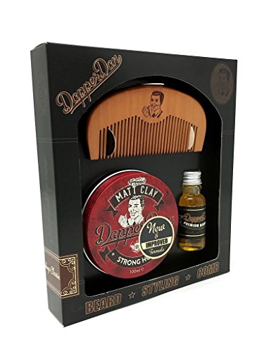 Hair And Beard Styling Gift Set By Dapper Dan, 1 x Strong Hold Matt Clay 100ml, 1 x Beard Oil 15ml, 1 x Wooden Beard Comb