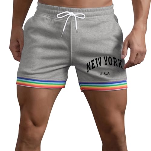 SUPTTING Pantalones cortos para hombre con rayas arcoíris, pantalones cortos, pantalones deportivos, pantalones cortos de ocio, pantalones cortos de playa con cordón, cintura elástica de suave