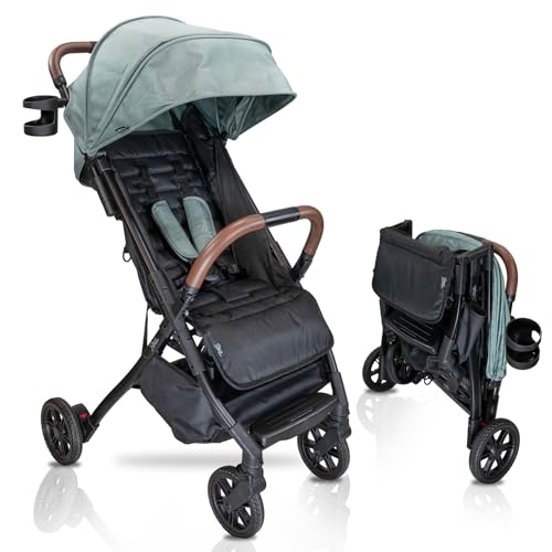 Strolee Lightweight Baby & Toddler Stroller, Ultra Compact, Airplane-Friendly Travel Stroller, One-Handed Fold, Near Flat Recline, X-L Canopy & Parent Cup Holder -LinQ Multiple Strollers (Sage Green)