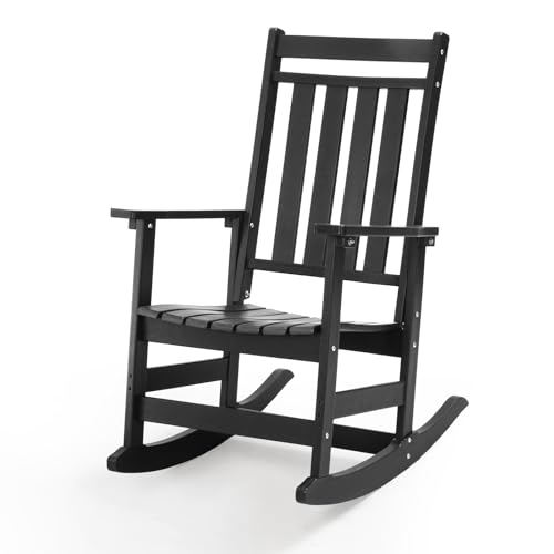 LETKIND Oversized Outdoor Rocking Chair,All Weather Rocker Chair with More Comfortable Seat Panel for Porch Patio Outside(Black)