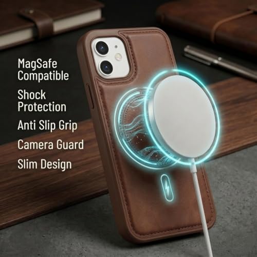 Image of amazon basics Premium PU Leather Case for iPhone 12, MagSafe Compatible Magnetic Ring, Sleek Protective Back Cover - [Brown]