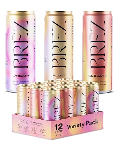BRĒZ Mushroom Drink Variety Pack - Flow, Dream & Elevate - Lion’s Mane, Reishi, Cordyceps Mushrooms, Non-Infused, Adaptogen Tonics for Focus, Sleep, Mood & Energy, Vegan, 12 fl oz Cans (12 Pack)