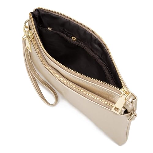 ZOUIQSS Kleine Dreifach Reißverschluss Umhängetasche Leichte Handtaschen Geldbörse Vegan Kunstleder Handgelenkstasche,Inklusive verstellbarer Schulter(Gold(LZ))