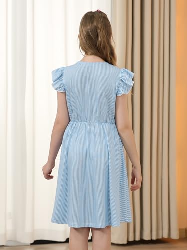GORLYA Girls Flutter Sleeve A-Line Button Down Summer Striped Casual Midi Dress for 6-14Y Kids2