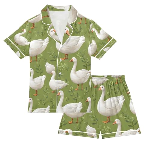 senya Geese in Grass Flower A Satin Summer Pajama Sets Silk Short Sleeve Button Down Sleepwear